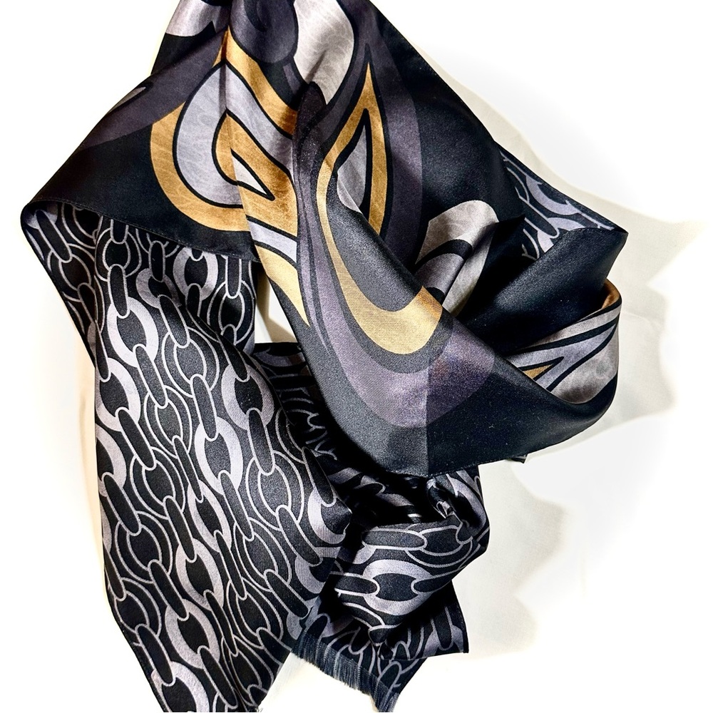 ECHO 100% SILK OBLONG SCARF—NEW With Tags—Double Print Shades of Charcoal Gray - Picture 7 of 9